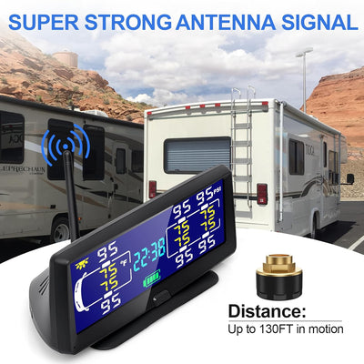 Digital display with antenna signal strength indicator in front of an RV in a desert setting