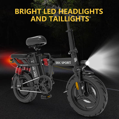 Electric scooter with bright LED headlights and taillights on a dark background