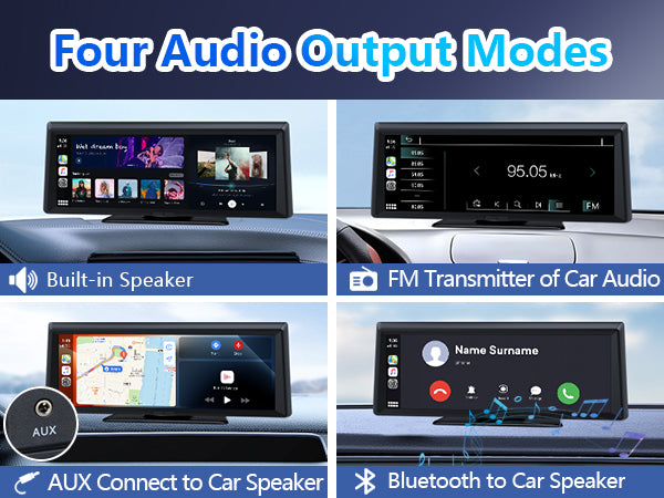 Four audio output modes of a car multimedia system with built-in speaker, FM transmitter, AUX connection, and Bluetooth connectivity.