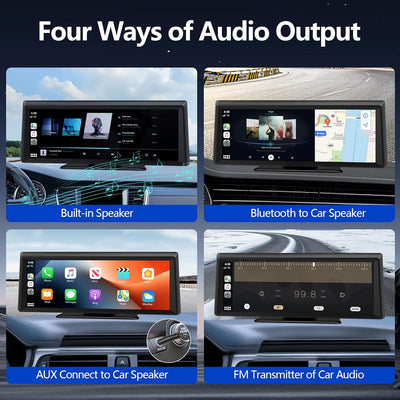 Four ways of audio output on a car screen with different connectivity options.