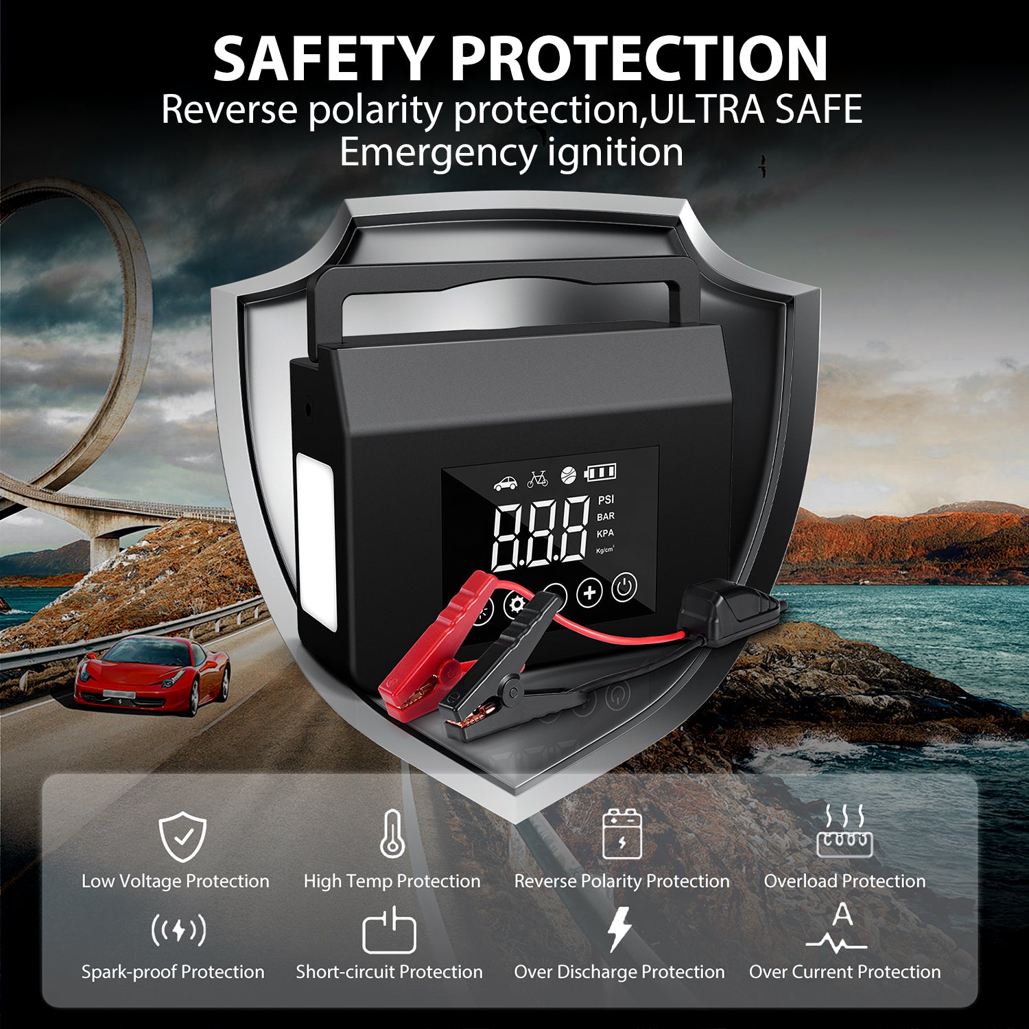 Jump starter with safety features displayed against a scenic background