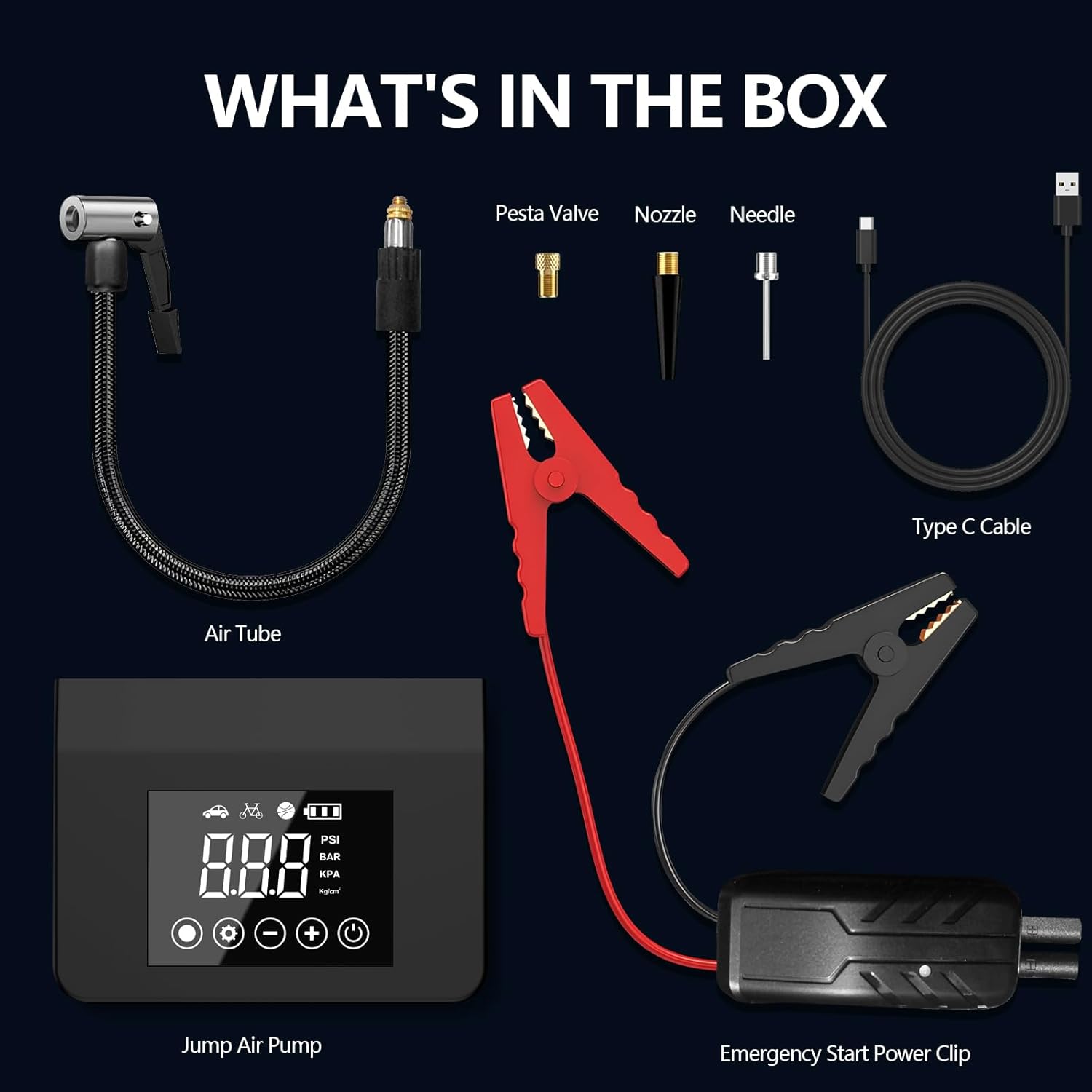 List of items included in a jump air pump kit on a black background
