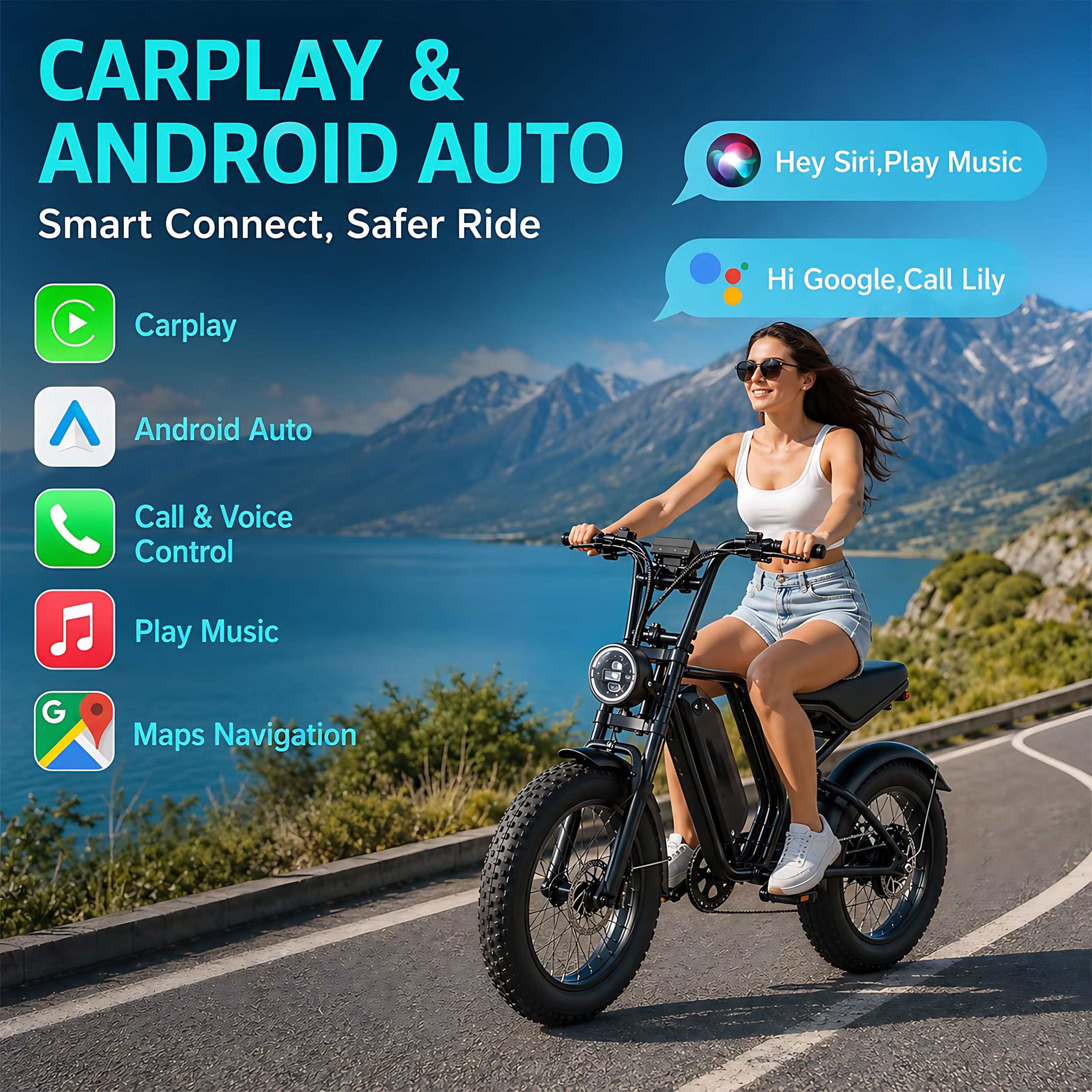 Electric Bike for Adults, 750W/1500W Peak Fat Tire E-Mountain Bicycle, Wireless CarPlay & Android Auto, UL2849