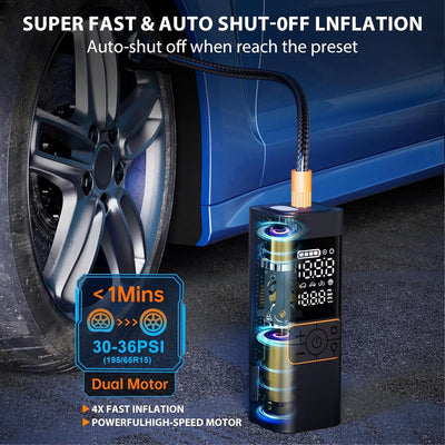 6000mAh Portable Tire Inflator| Features Auto Shut-off and LED Lighting for Emergency Roadside Assistance