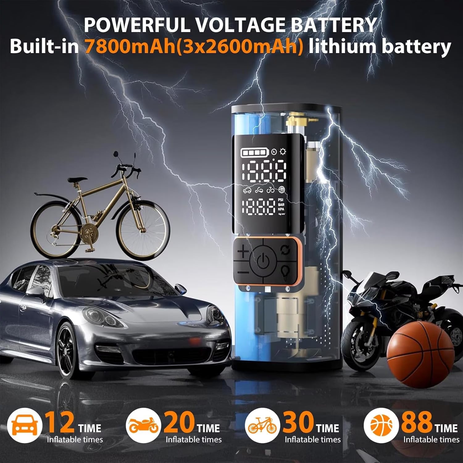 6000mAh Portable Tire Inflator| Features Auto Shut-off and LED Lighting for Emergency Roadside Assistance