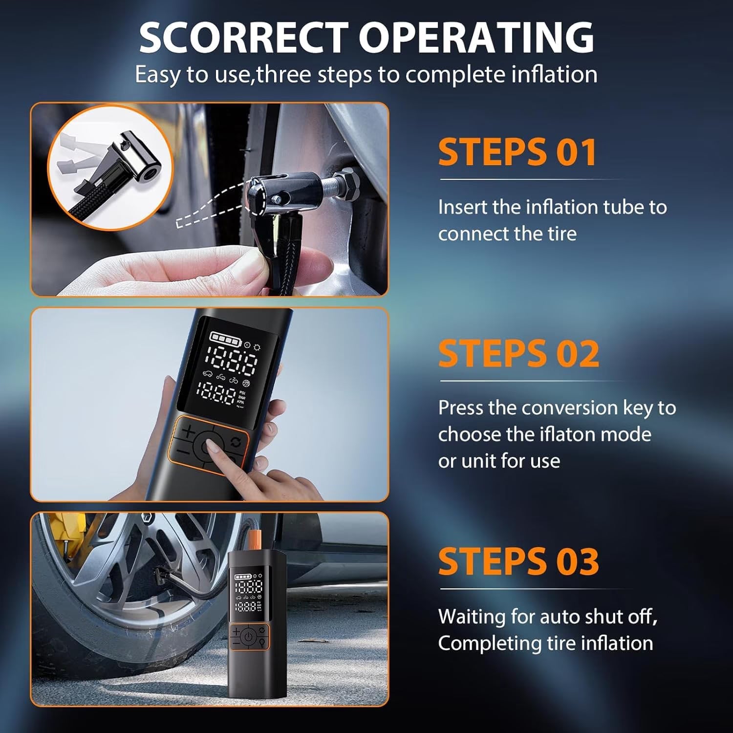 6000mAh Portable Tire Inflator| Features Auto Shut-off and LED Lighting for Emergency Roadside Assistance