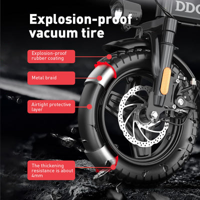Motorcycle tire with explosion-proof vacuum tire features highlighted on a dark background