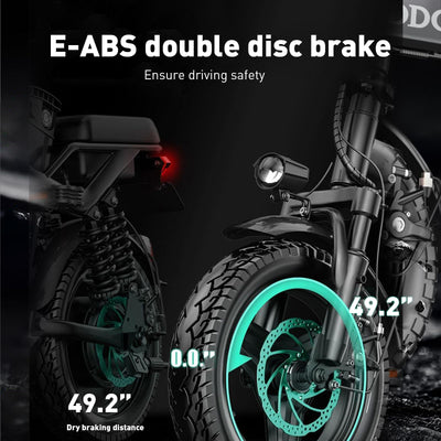 Motorcycle with E-ABS double disc brake system highlighted on a dark background