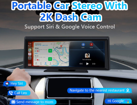 Portable car stereo with 2K dash cam and voice control features on a car dashboard.
