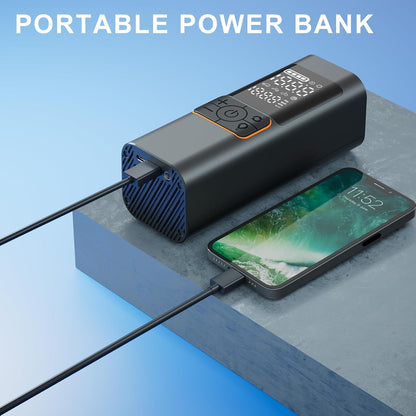 Portable power bank charging a smartphone on a blue and gray surface