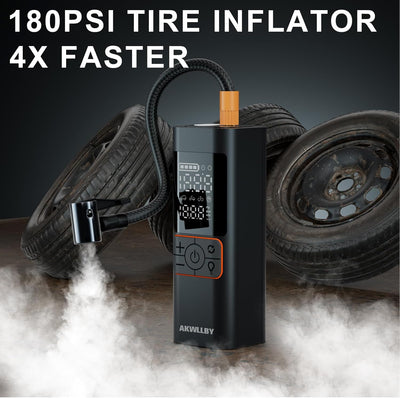 Tire inflator with text '180PSI Tire Inflator 4X Faster' and 'AKWILBY' branding, with tires in the background.