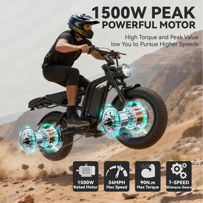 Hieha 1500W off-road electric bike showing high torque motor and rider jumping on trail