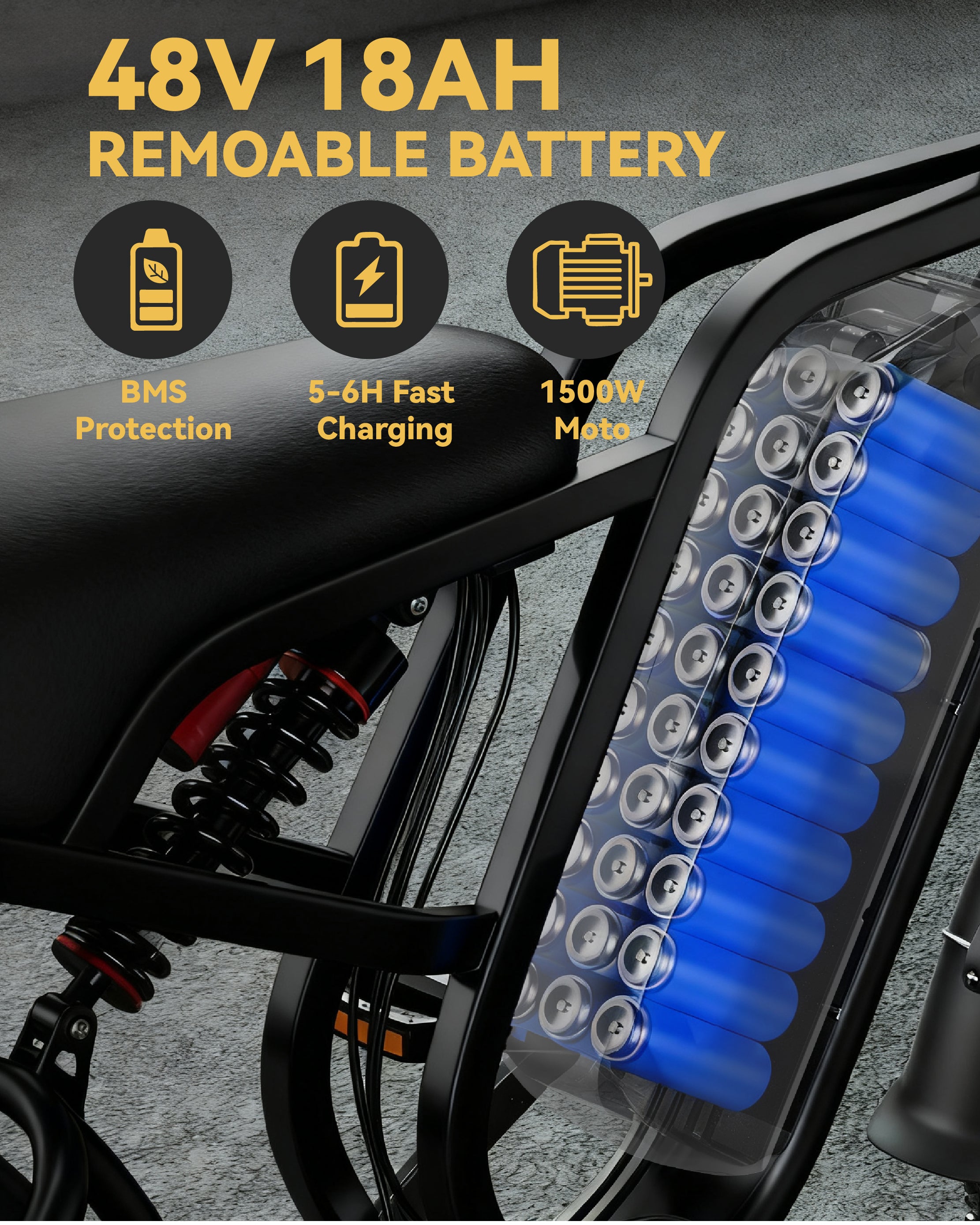 Hieha electric bike with 48V 18Ah removable battery and dual suspension design