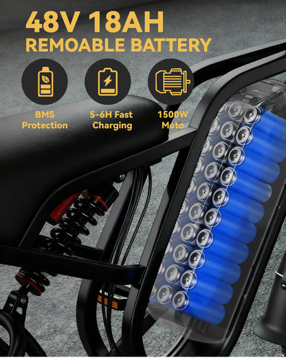 Hieha electric bike with 48V 18Ah removable battery and dual suspension design