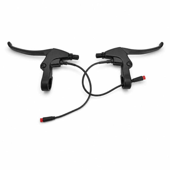 Pair of black bicycle brake levers with cables on a white background