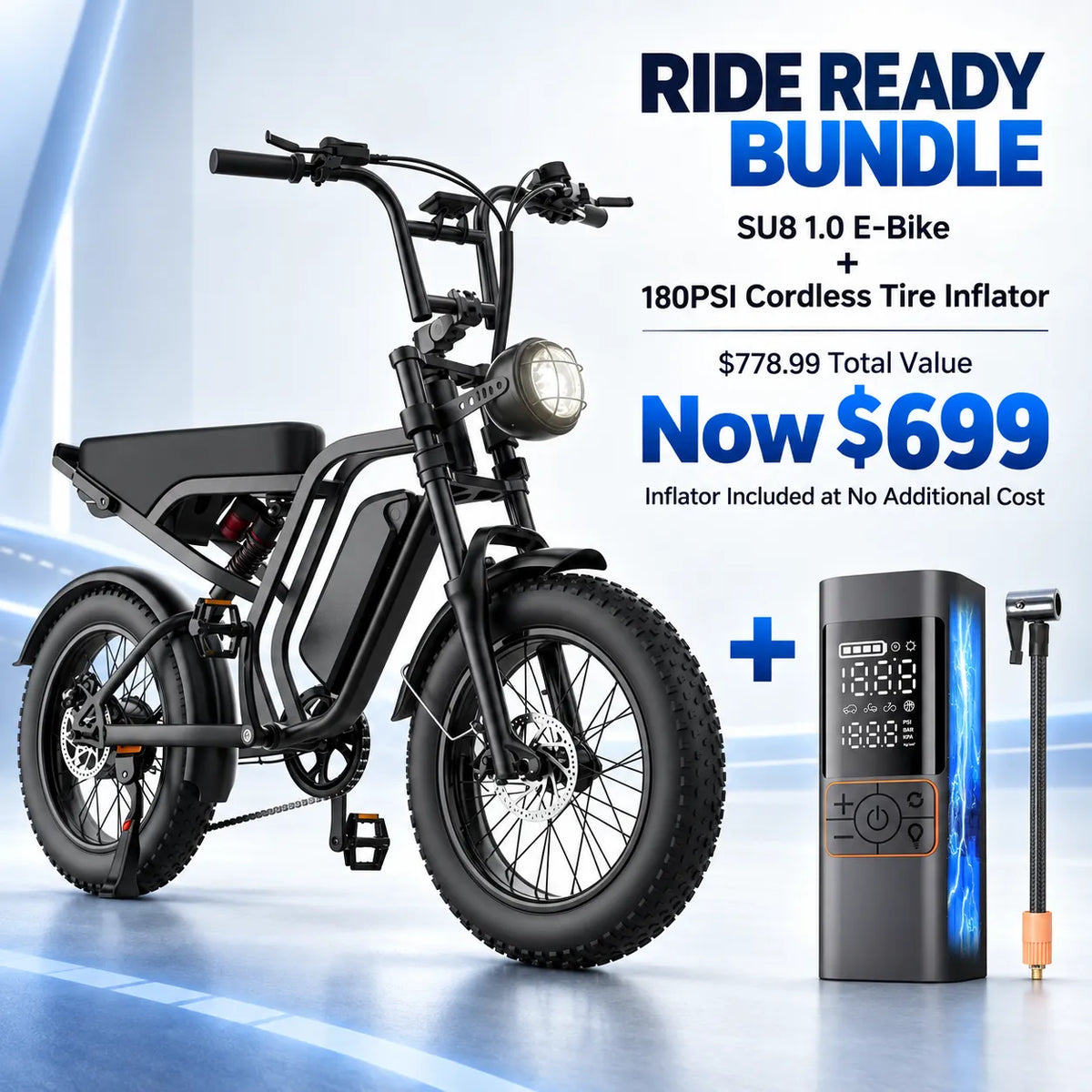 HIEHA SU8 1.0 Ride Ready E-Bike Bundle with 180PSI Cordless Tire Inflator