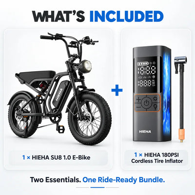HIEHA SU8 1.0 Ride Ready E-Bike Bundle with 180PSI Cordless Tire Inflator
