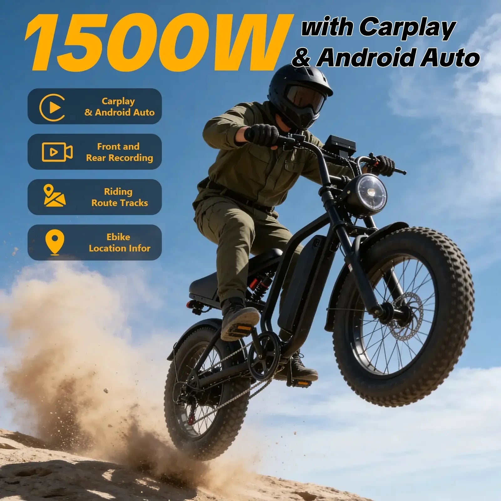 HIEHA SU8 2.0 1500W peak fat tire electric bike with CarPlay and Android Auto features