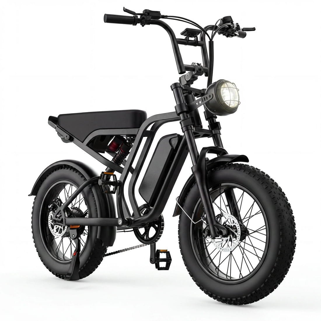 HIEHA SU8 2.0 moped-style electric bike with 20-inch fat tires, front suspension, headlight, and removable battery