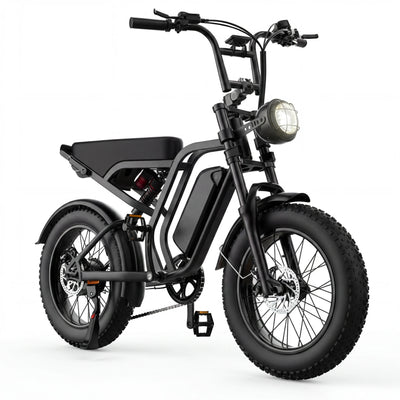HIEHA SU8 2.0 moped-style electric bike with 20-inch fat tires, front suspension, headlight, and removable battery