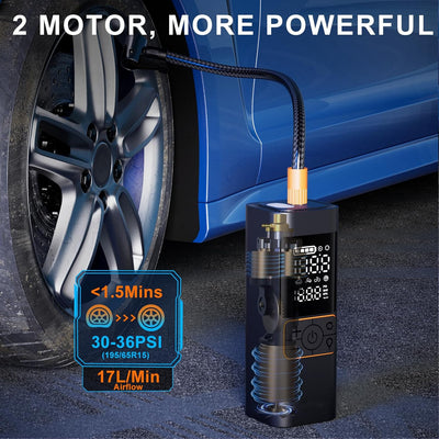Car tire inflator with digital display next to a car wheel, emphasizing power and efficiency.